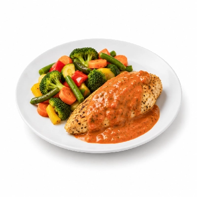 Food 4 Fitness Oven Roasted Chicken Breast with Italian Tomato Cream Sauce Seasonal Mix Veg 250g