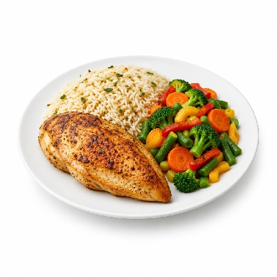 Food 4 Fitness Oven Roasted Chicken Breast with Lime Pepper Seasoning Basmati Rice & Mix Veg 450g