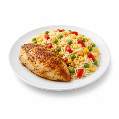 Food 4 Fitness Oven Roasted Chicken Breast with Mexican Sauce Basmati Rice & Peas Corn Capsicum 350g