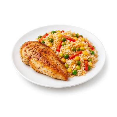 Food 4 Fitness Oven Roasted Chicken Breast with Mexican Sauce Basmati Rice & Peas Corn Capsicum 450g