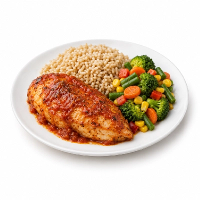 Food 4 Fitness Oven Roasted Chicken Breast with Mexican Sauce Brown Rice & Seasonal Mix Veg 250g