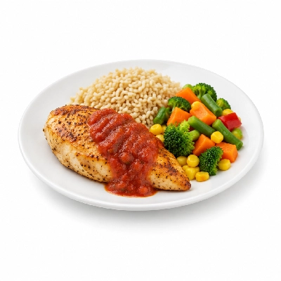 Food 4 Fitness Oven Roasted Chicken Breast with Mexican Sauce Brown Rice & Seasonal Mix Veg 350g