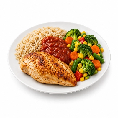 Food 4 Fitness Oven Roasted Chicken Breast with Mexican Sauce Brown Rice & Seasonal Mix Veg 450g