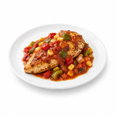Food 4 Fitness Oven Roasted Chicken Breast with Mexican Sauce Seasonal Mix Veg 250g