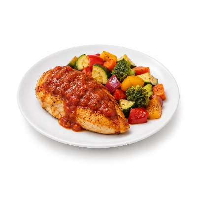Food 4 Fitness Oven Roasted Chicken Breast with Mexican Sauce Seasonal Mix Veg 350g