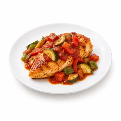 Food 4 Fitness Oven Roasted Chicken Breast with Mexican Sauce Seasonal Mix Veg 450g