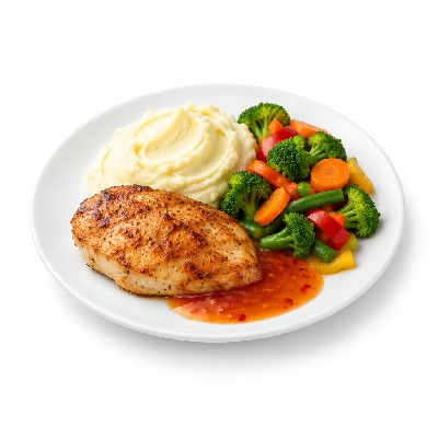 Food 4 Fitness Oven Roasted Chicken Breast with Mild Sweet Thai Chilli Sauce Potato Mash & Seasonal Mix Veg 250g