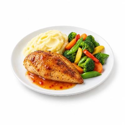 Food 4 Fitness Oven Roasted Chicken Breast with Mild Sweet Thai Chilli Sauce Potato Mash & Seasonal Mix Veg 350g
