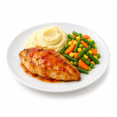 Food 4 Fitness Oven Roasted Chicken Breast with Mild Sweet Thai Chilli Sauce Potato Mash & Seasonal Mix Veg 450g