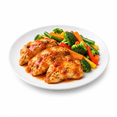 Food 4 Fitness Oven Roasted Chicken Breast with Mild Sweet Thai Chilli Sauce Seasonal Mix Veg 350g