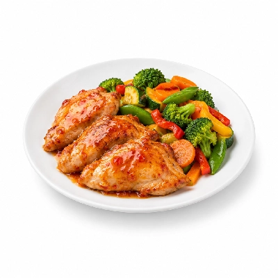 Food 4 Fitness Oven Roasted Chicken Breast with Mild Sweet Thai Chilli Sauce Seasonal Mix Veg 450g