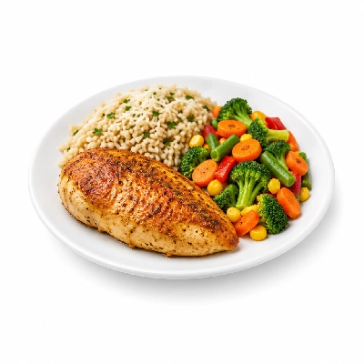 Food 4 Fitness Oven Roasted Chicken Breast with Parmesan Brown Rice & Seasonal Mix Veg 250g