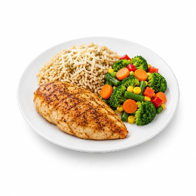 Food 4 Fitness Oven Roasted Chicken Breast with Parmesan Brown Rice & Seasonal Mix Veg 350g