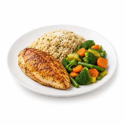 Food 4 Fitness Oven Roasted Chicken Breast with Parmesan Brown Rice & Seasonal Mix Veg 450g