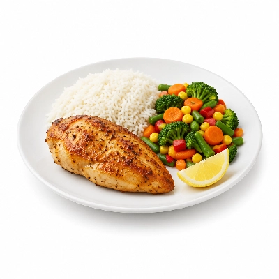 Food 4 Fitness Oven Roasted Chicken Breast with Salt Pepper Lemon Wedge Basmati Rice & Seasonal Mix Veg 250g