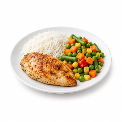 Food 4 Fitness Oven Roasted Chicken Breast with Salt Pepper Lemon Wedge Basmati Rice & Seasonal Mix Veg 350g