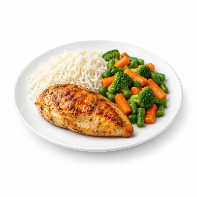 Food 4 Fitness Oven Roasted Chicken Breast with Salt Pepper Lemon Wedge Basmati Rice & Seasonal Mix Veg 450g