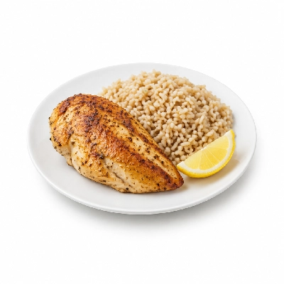 Food 4 Fitness Oven Roasted Chicken Breast with Salt Pepper Lemon Wedge Brown Rice 250g