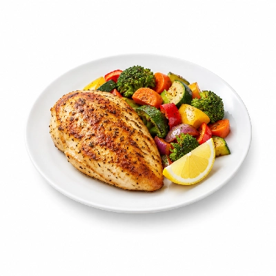 Food 4 Fitness Oven Roasted Chicken Breast with Salt Pepper Lemon Wedge Seasonal Mix Veg 250g