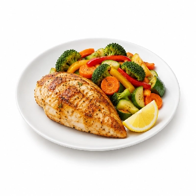 Food 4 Fitness Oven Roasted Chicken Breast with Salt Pepper Lemon Wedge Seasonal Mix Veg 350g