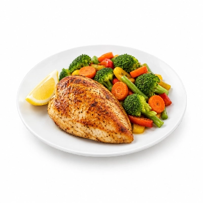 Food 4 Fitness Oven Roasted Chicken Breast with Salt Pepper Lemon Wedge Seasonal Mix Veg 450g