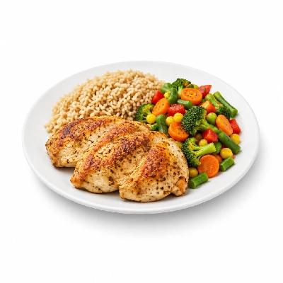 Food 4 Fitness Oven Roasted Chicken Breast with Souvlaki Seasoning Brown Rice & Mix Veg 250g