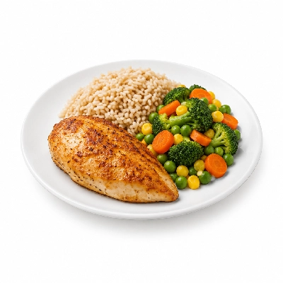 Food 4 Fitness Oven Roasted Chicken Breast with Souvlaki Seasoning Brown Rice & Mix Veg 350g