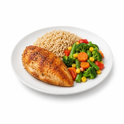 Food 4 Fitness Oven Roasted Chicken Breast with Souvlaki Seasoning Brown Rice & Mix Veg 450g
