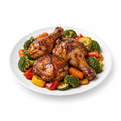 Food 4 Fitness Oven Roasted Chicken with BBQ Honey Soy Sauce Seasonal Mix Veg 250g