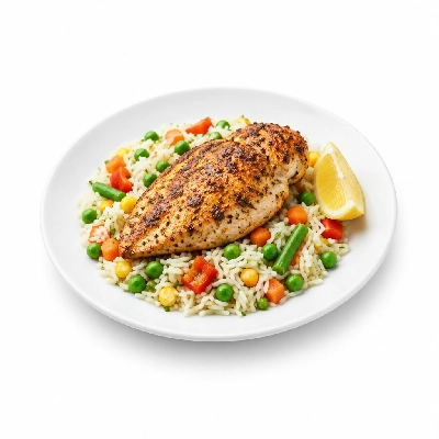 Food 4 Fitness Oven Roasted Greek Seasoned Chicken Breast with Special Sauce and Lemon Wedge Basmati Rice & Mix Veg 350g