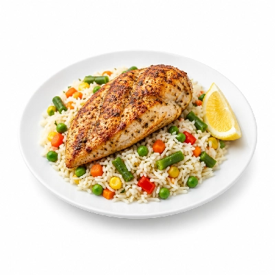 Food 4 Fitness Oven Roasted Greek Seasoned Chicken Breast with Special Sauce and Lemon Wedge Basmati Rice & Mix Veg 450g