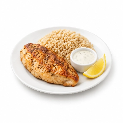 Food 4 Fitness Oven Roasted Greek Seasoned Chicken Breast with Special Sauce and Lemon Wedge Brown Rice 250g