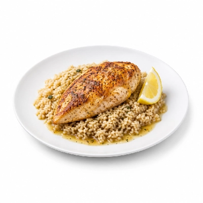 Food 4 Fitness Oven Roasted Greek Seasoned Chicken Breast with Special Sauce and Lemon Wedge Brown Rice 350g