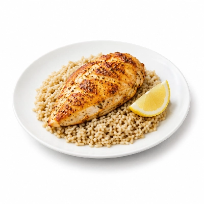 Food 4 Fitness Oven Roasted Greek Seasoned Chicken Breast with Special Sauce and Lemon Wedge Brown Rice 450g