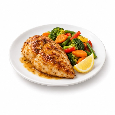 Food 4 Fitness Oven Roasted Greek Seasoned Chicken Breast with Special Sauce and Lemon Wedge Mix Veg 250g