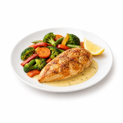 Food 4 Fitness Oven Roasted Greek Seasoned Chicken Breast with Special Sauce and Lemon Wedge Mix Veg 350g