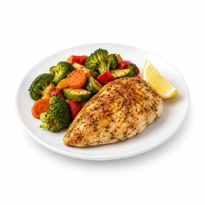 Food 4 Fitness Oven Roasted Greek Seasoned Chicken Breast with Special Sauce and Lemon Wedge Mix Veg 450g