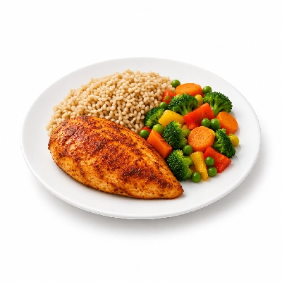 Food 4 Fitness Peri Chicken Breast Brown Rice & Seasonal Mix Veg 250g