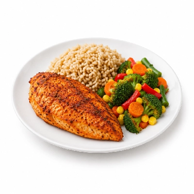 Food 4 Fitness Peri Chicken Breast Brown Rice & Seasonal Mix Veg 350g
