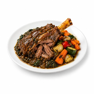 Food 4 Fitness Slow Cooked Premium Grass Fed Pulled Lamb Shank with Florentine Sauce Seasonal Mix Veg 350g