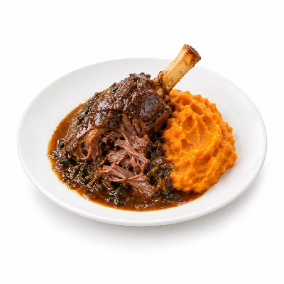 Food 4 Fitness Slow Cooked Premium Grass Fed Pulled Lamb Shank with Florentine Sauce Sweet Potato Mash 350g