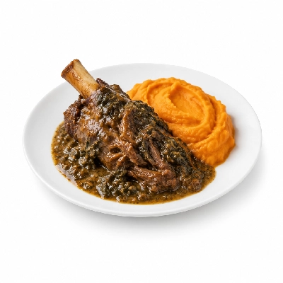 Food 4 Fitness Slow Cooked Premium Grass Fed Pulled Lamb Shank with Florentine Sauce Sweet Potato Mash 450g