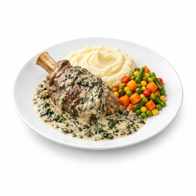 Food 4 Fitness Slow Cooked Premium Grass Fed Pulled Lamb Shank with Florentine Sauce White Potato Mash & Seasonal Mix Veg 250g