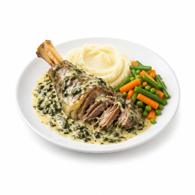 Food 4 Fitness Slow Cooked Premium Grass Fed Pulled Lamb Shank with Florentine Sauce White Potato Mash & Seasonal Mix Veg 350g