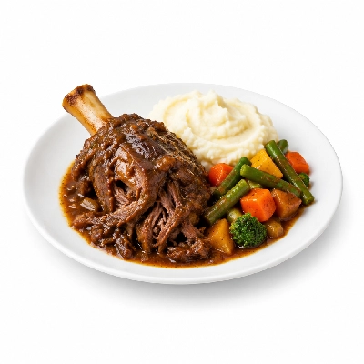 Food 4 Fitness Slow Cooked Premium Grass Fed Pulled Lamb Shank with Florentine Sauce White Potato Mash & Seasonal Mix Veg 450g
