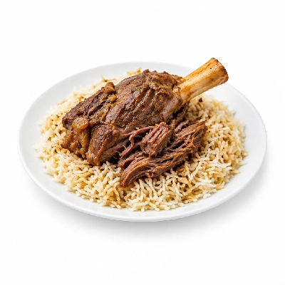 Food 4 Fitness Slow Cooked Premium Grass Fed Pulled Lamb Shank with Greek Seasoning Basmati Rice 450g