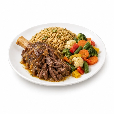 Food 4 Fitness Slow Cooked Premium Grass Fed Pulled Lamb Shank with Greek Seasoning Brown Rice & Mix Veg 250g