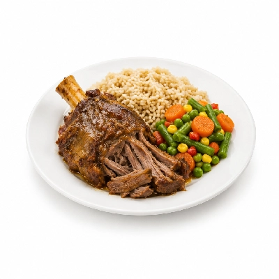 Food 4 Fitness Slow Cooked Premium Grass Fed Pulled Lamb Shank with Greek Seasoning Brown Rice & Mix Veg 350g