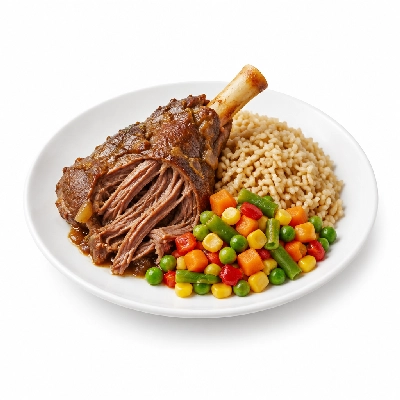 Food 4 Fitness Slow Cooked Premium Grass Fed Pulled Lamb Shank with Greek Seasoning Brown Rice & Mix Veg 450g