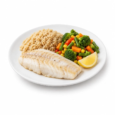 Food 4 Fitness Sous Vide Barramundi Fillet with Special Honey Soy and Lemon Wedge Brown Rice & Seasonal Mix Veg 350g